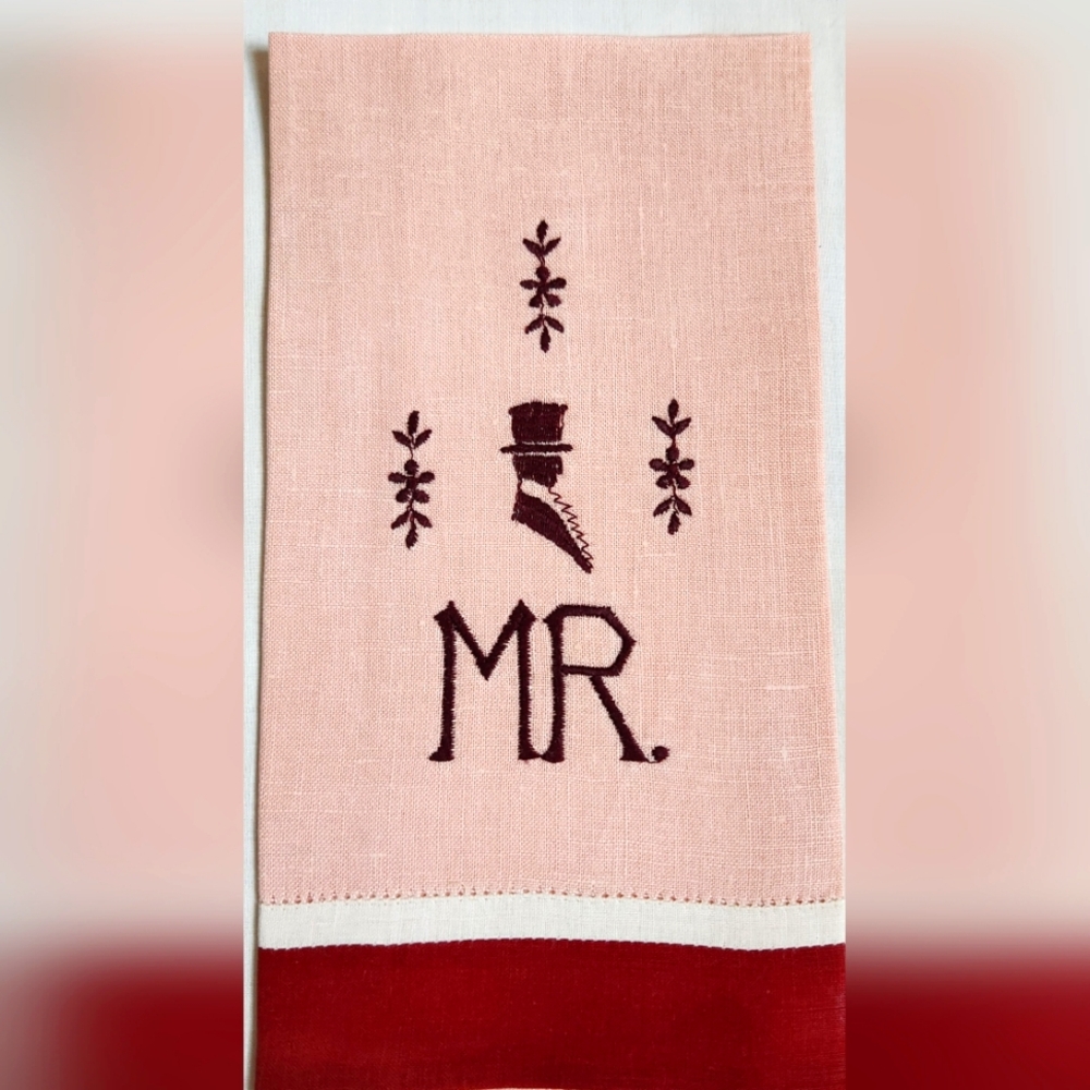 LINEN HAND EMBROIDERED HEMSTITCHED GUEST HAND TOWEL